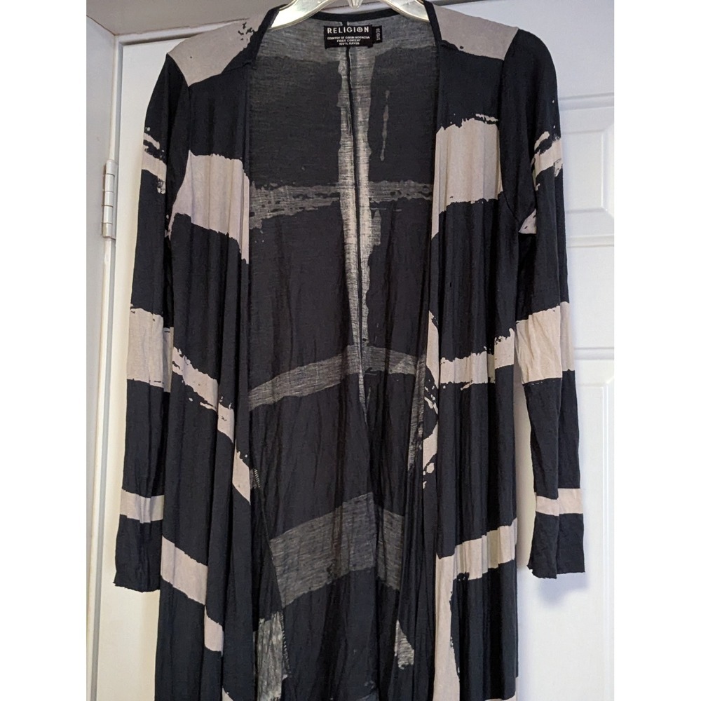 Religion Striped Longline Cardigan Open Front Duster Rayon Knit Gray Black S - Picture 10 of 11